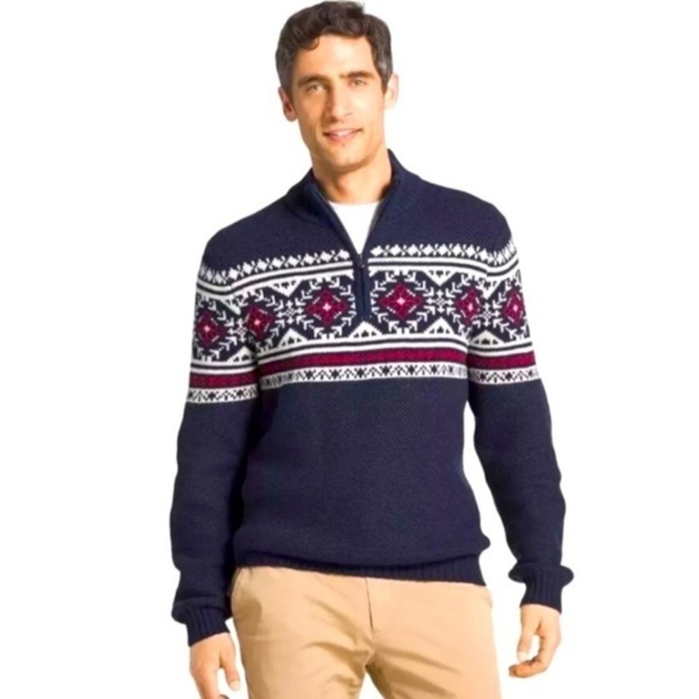 IZOD Navy Blue Fair Isle 1/4 Quarter Zip Classic Pullover Sweater XL